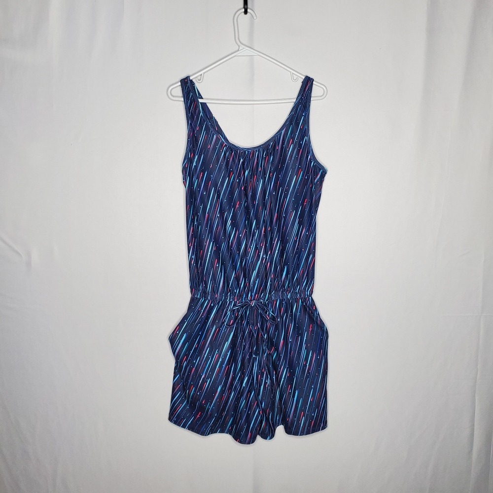 Tempt Me Romper Swimsuit Womens‎ Medium Blue Geometric Stars Pocket Modest